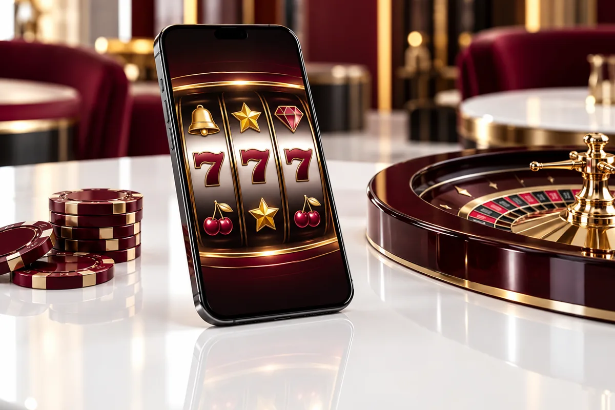 Eurogold mobilné casino – automat na telefóne vedľa rulety a žetónov